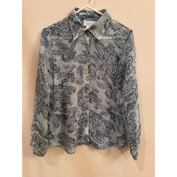 Paisley Sheer Womens M Blouse Long Sleeve Button Blue Gray Romantic Feminine - Picture 1 of 7